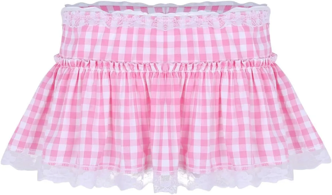 Women Pleated Plaid Mini Skirt Sexy Lace Trim A-Line Skirts Sissy Schoolgirl Cosplay Short Skirt