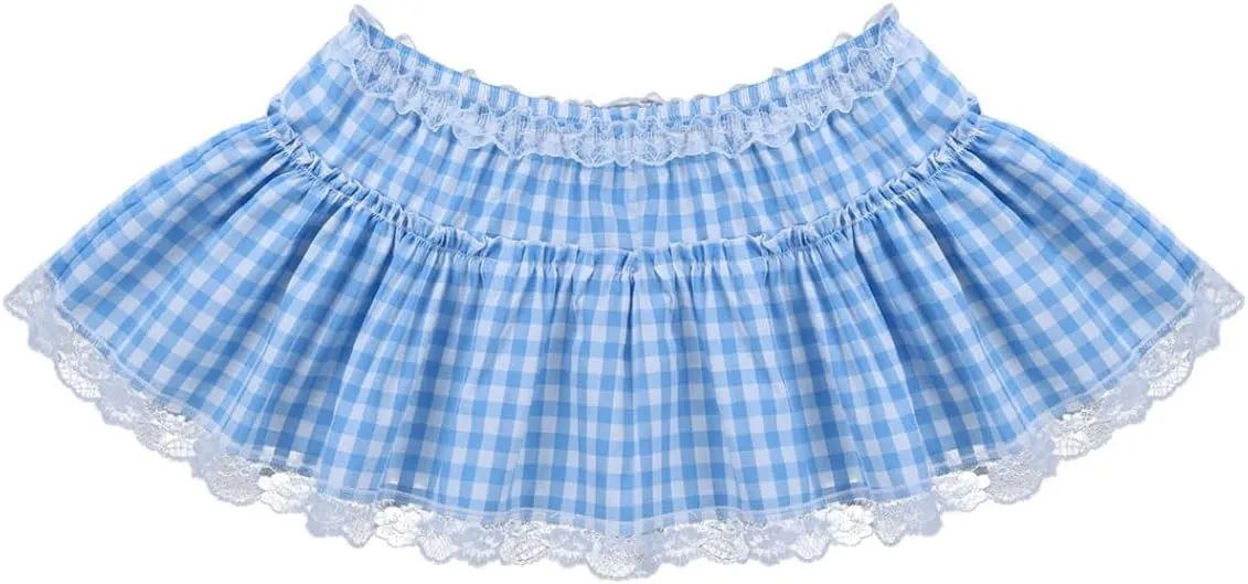 Women Pleated Plaid Mini Skirt Sexy Lace Trim A-Line Skirts Sissy Schoolgirl Cosplay Short Skirt