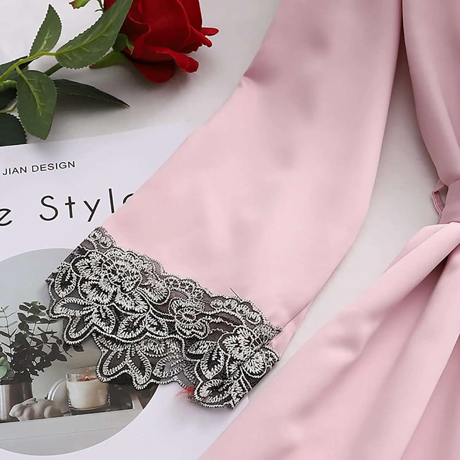 Women' Silk Satin Pajamas Set Lace 5Pcs Lingerie Floral Cami Nightwear Sleepwear with Robe