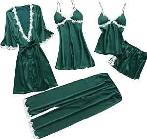 Women' Silk Satin Pajamas Set Lace 5Pcs Lingerie Floral Cami Nightwear Sleepwear with Robe
