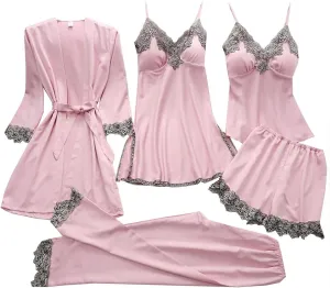 Women' Silk Satin Pajamas Set Lace 5Pcs Lingerie Floral Cami Nightwear Sleepwear with Robe