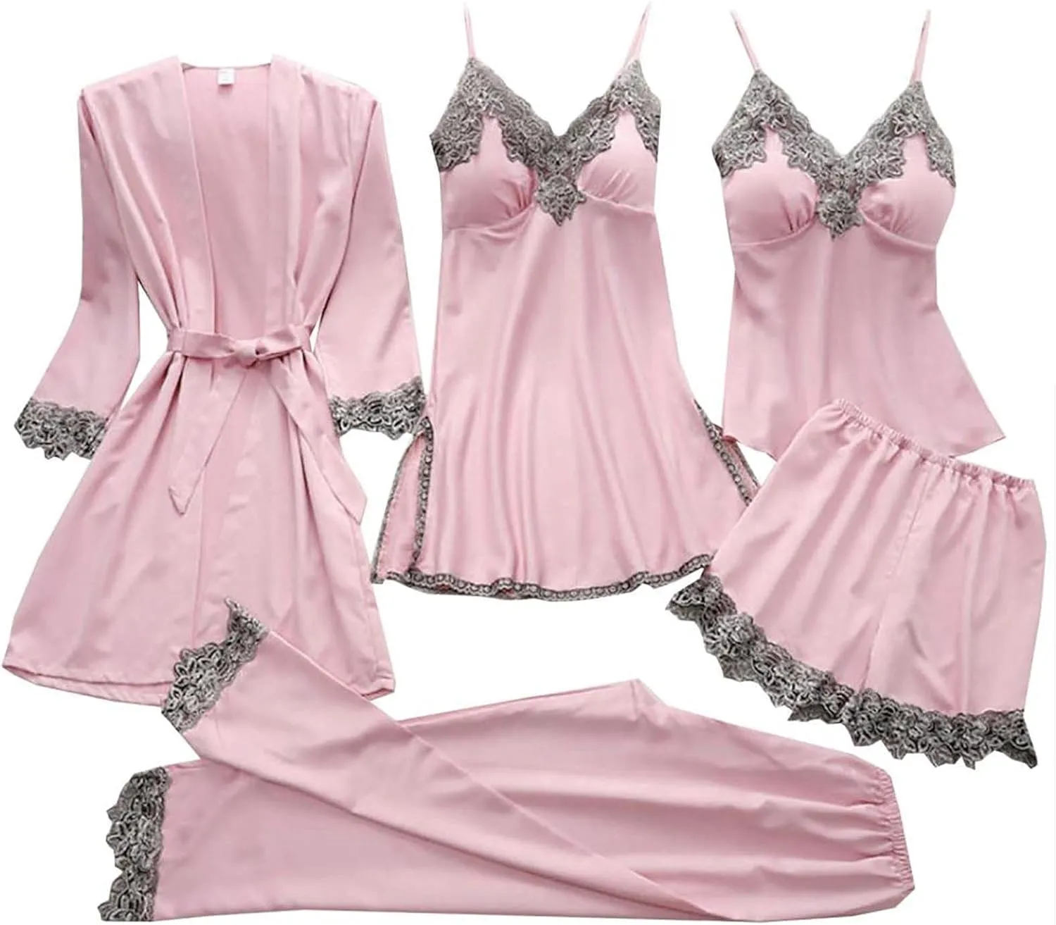Women' Silk Satin Pajamas Set Lace 5Pcs Lingerie Floral Cami Nightwear Sleepwear with Robe