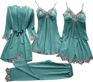 Women' Silk Satin Pajamas Set Lace 5Pcs Lingerie Floral Cami Nightwear Sleepwear with Robe