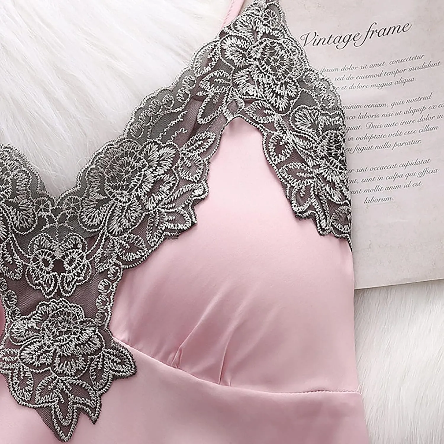 Women' Silk Satin Pajamas Set Lace 5Pcs Lingerie Floral Cami Nightwear Sleepwear with Robe