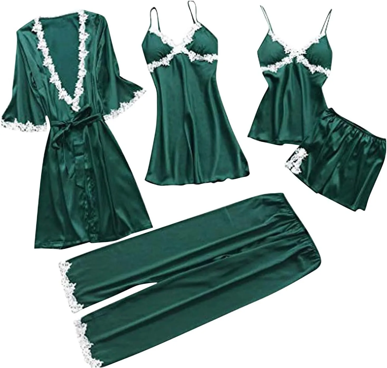 Women' Silk Satin Pajamas Set Lace 5Pcs Lingerie Floral Cami Nightwear Sleepwear with Robe