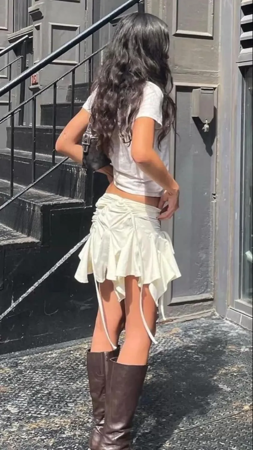 Women Y2K Mini Skirt Drawstring Low Waist Side Pleated Mini Skirt Kawaii Sweet 90s E-Girl Aesthetic Clothes