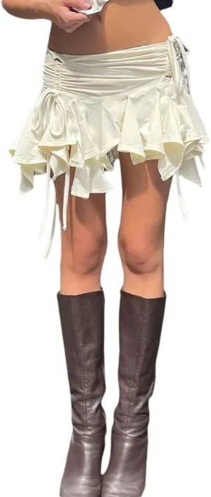 Women Y2K Mini Skirt Drawstring Low Waist Side Pleated Mini Skirt Kawaii Sweet 90s E-Girl Aesthetic Clothes