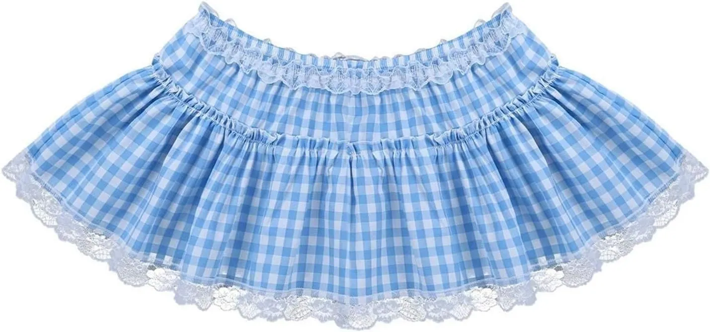 Women Y2k Ruffle Lace Mini Skirt Plaid Pleated Gingham Short Skirts Halloween Costume Sissy Skirt Teen Girls Streetwear