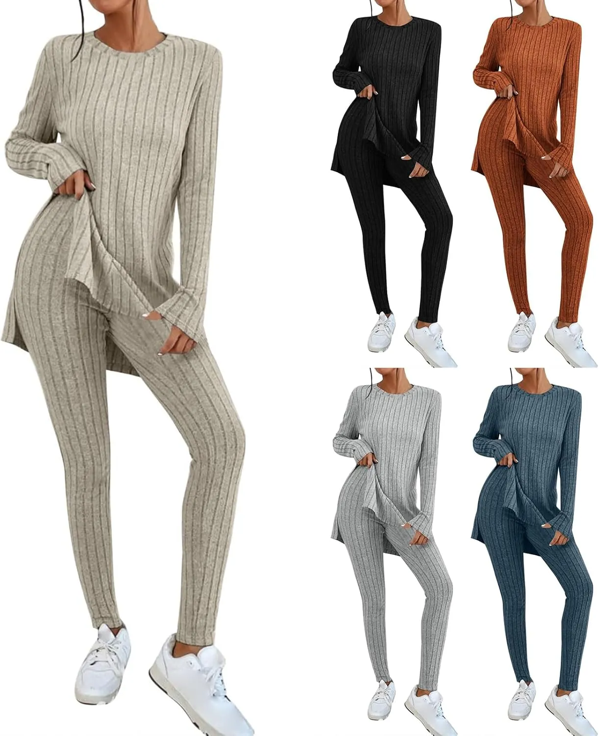 Womens 2 Piece Lounge Set Warm Ribbed Knit Pajamas Sets Oversized Long Sleeve Tunic Tops Pants Matching Set