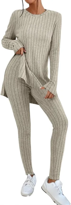 Womens 2 Piece Lounge Set Warm Ribbed Knit Pajamas Sets Oversized Long Sleeve Tunic Tops Pants Matching Set