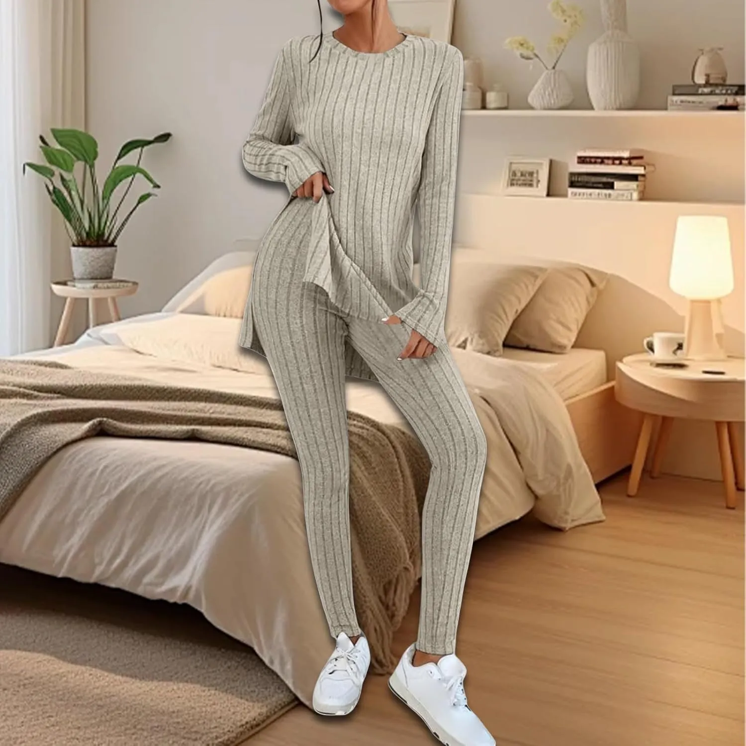 Womens 2 Piece Lounge Set Warm Ribbed Knit Pajamas Sets Oversized Long Sleeve Tunic Tops Pants Matching Set