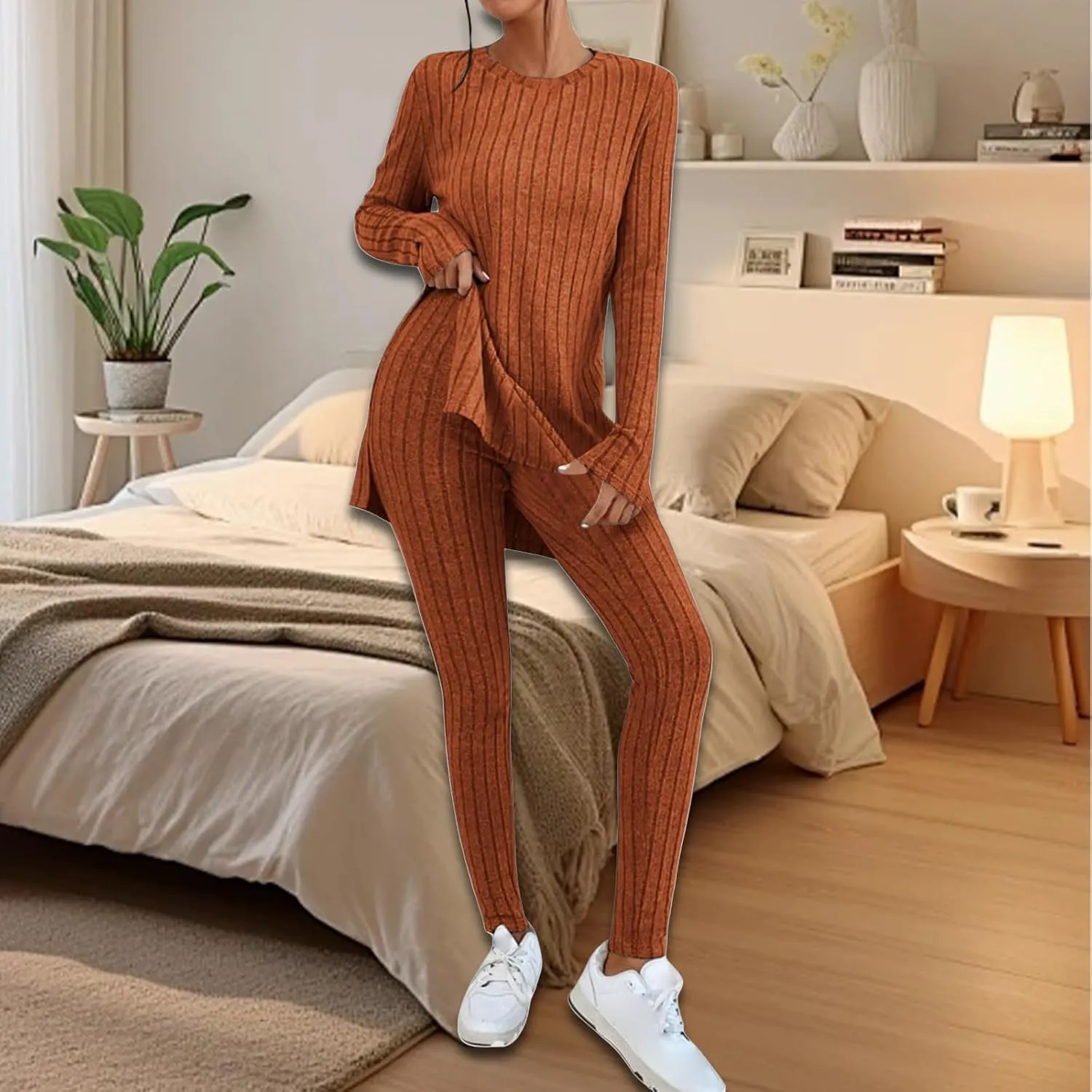 Womens 2 Piece Lounge Set Warm Ribbed Knit Pajamas Sets Oversized Long Sleeve Tunic Tops Pants Matching Set