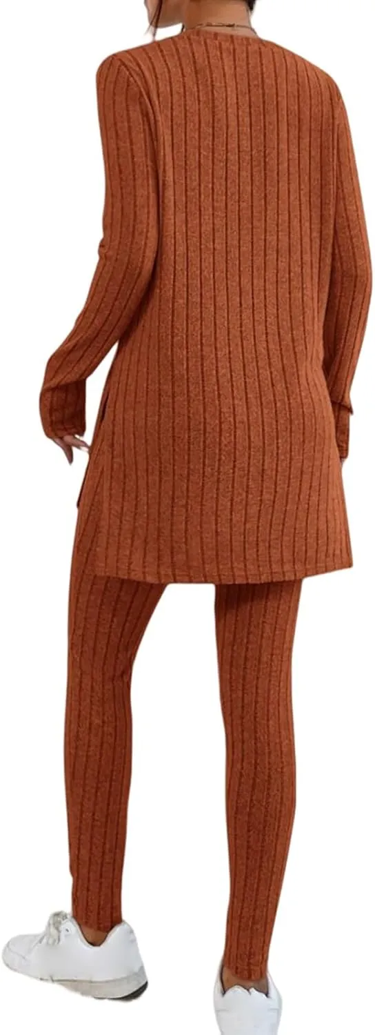 Womens 2 Piece Lounge Set Warm Ribbed Knit Pajamas Sets Oversized Long Sleeve Tunic Tops Pants Matching Set