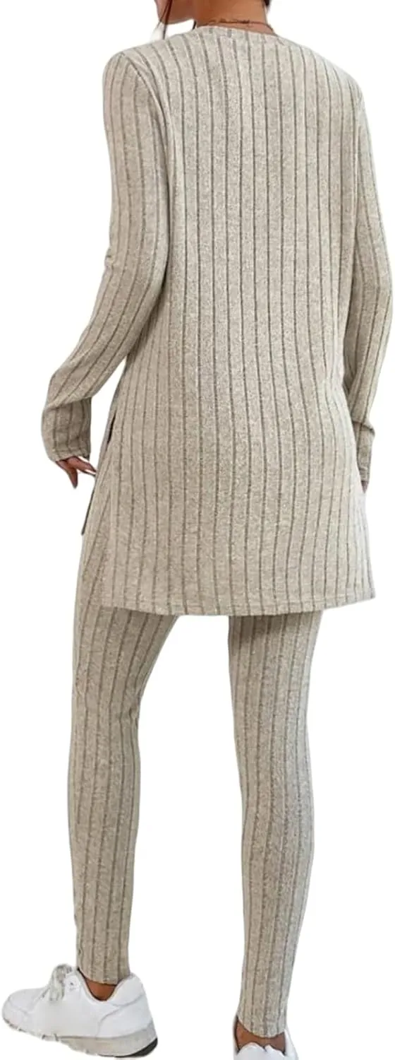Womens 2 Piece Lounge Set Warm Ribbed Knit Pajamas Sets Oversized Long Sleeve Tunic Tops Pants Matching Set