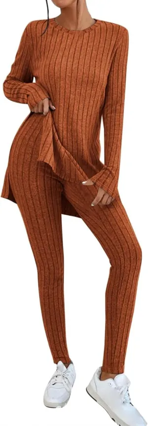 Womens 2 Piece Lounge Set Warm Ribbed Knit Pajamas Sets Oversized Long Sleeve Tunic Tops Pants Matching Set