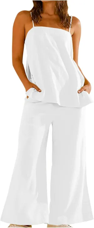 Women's 2 Piece Outfits 2025 Summer Sets Sleeveless Square Neck Tank Top Wide Leg Pants Matching Lounge Set