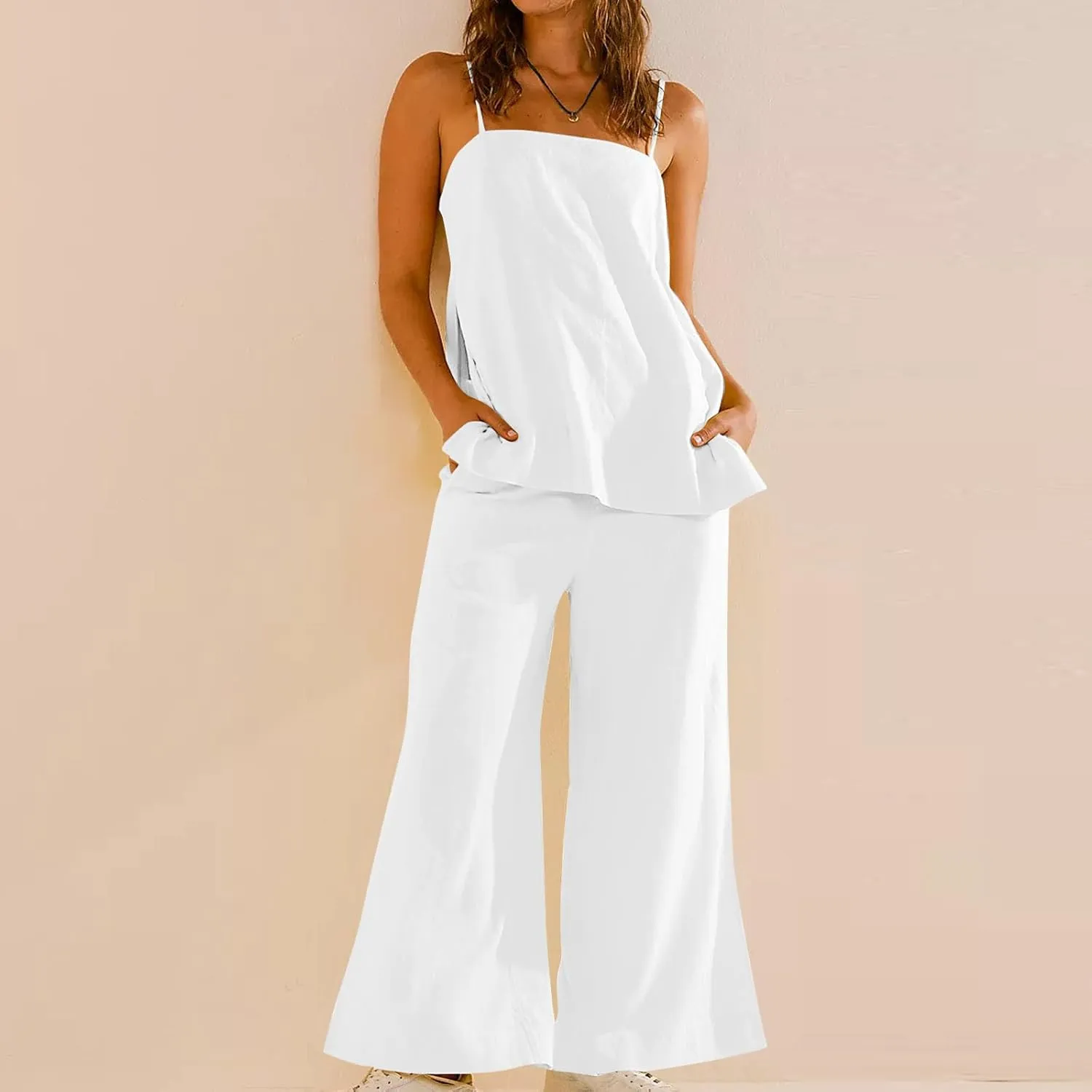 Women's 2 Piece Outfits 2025 Summer Sets Sleeveless Square Neck Tank Top Wide Leg Pants Matching Lounge Set