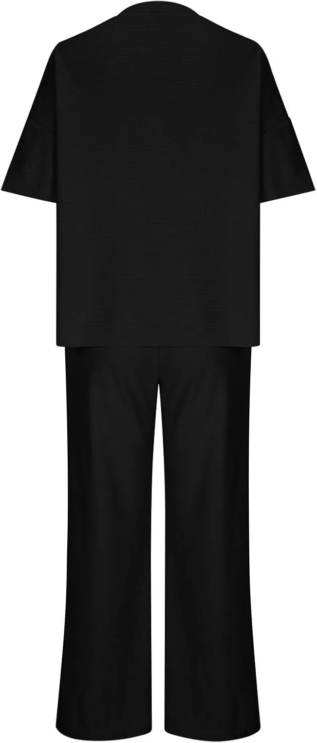 Womens 2 Piece Waffle Knit Lounge Sets Button Down Short Sleeve and Loose Long Pant Outfits Fashion Casual Loungewear