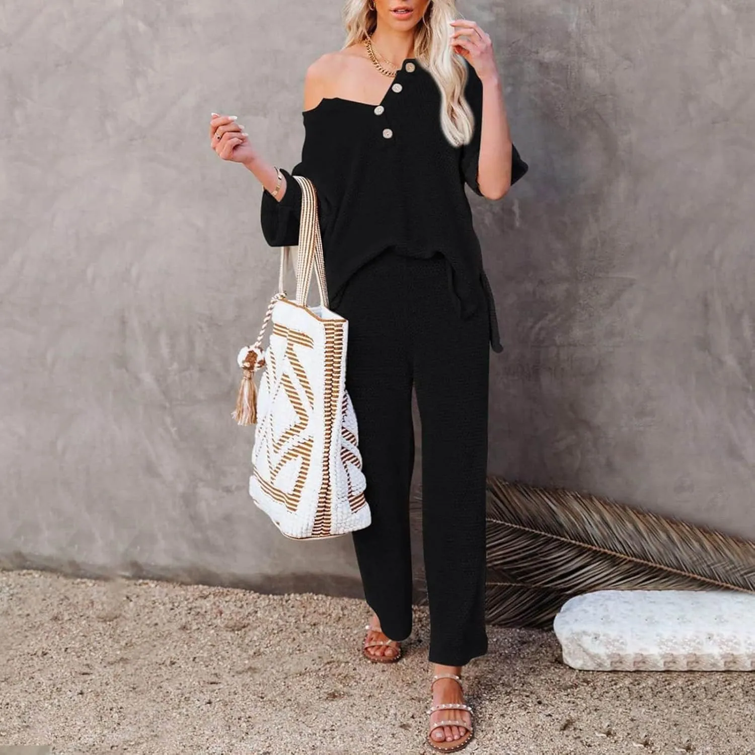 Womens 2 Piece Waffle Knit Lounge Sets Button Down Short Sleeve and Loose Long Pant Outfits Fashion Casual Loungewear