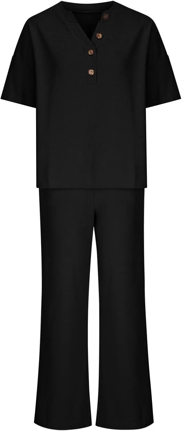 Womens 2 Piece Waffle Knit Lounge Sets Button Down Short Sleeve and Loose Long Pant Outfits Fashion Casual Loungewear