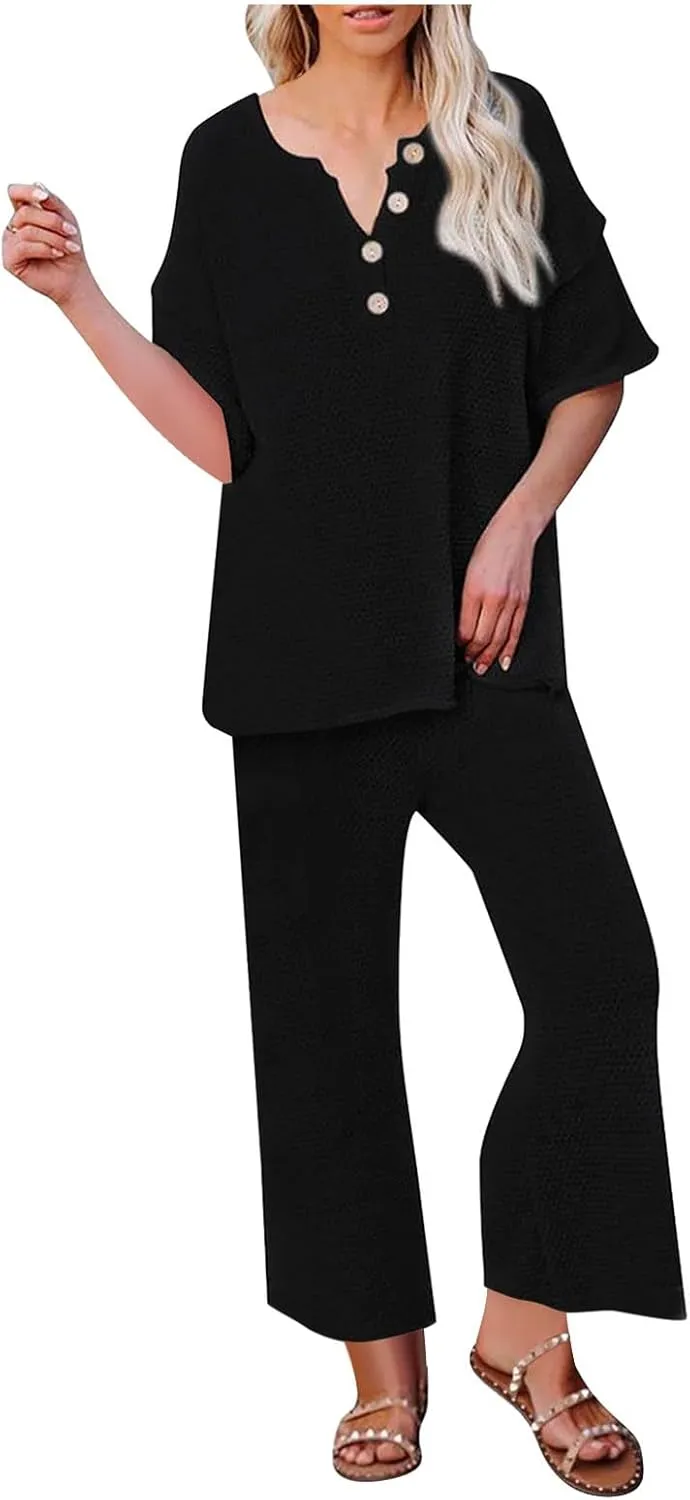 Womens 2 Piece Waffle Knit Lounge Sets Button Down Short Sleeve and Loose Long Pant Outfits Fashion Casual Loungewear