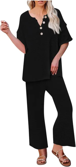 Womens 2 Piece Waffle Knit Lounge Sets Button Down Short Sleeve and Loose Long Pant Outfits Fashion Casual Loungewear