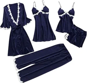 Womens 5Pcs Pajama Sets Lace Trim Robe Nightgown Cami Tops Long Pant & Shorts 5 Piece Lounge Set Sleepwear