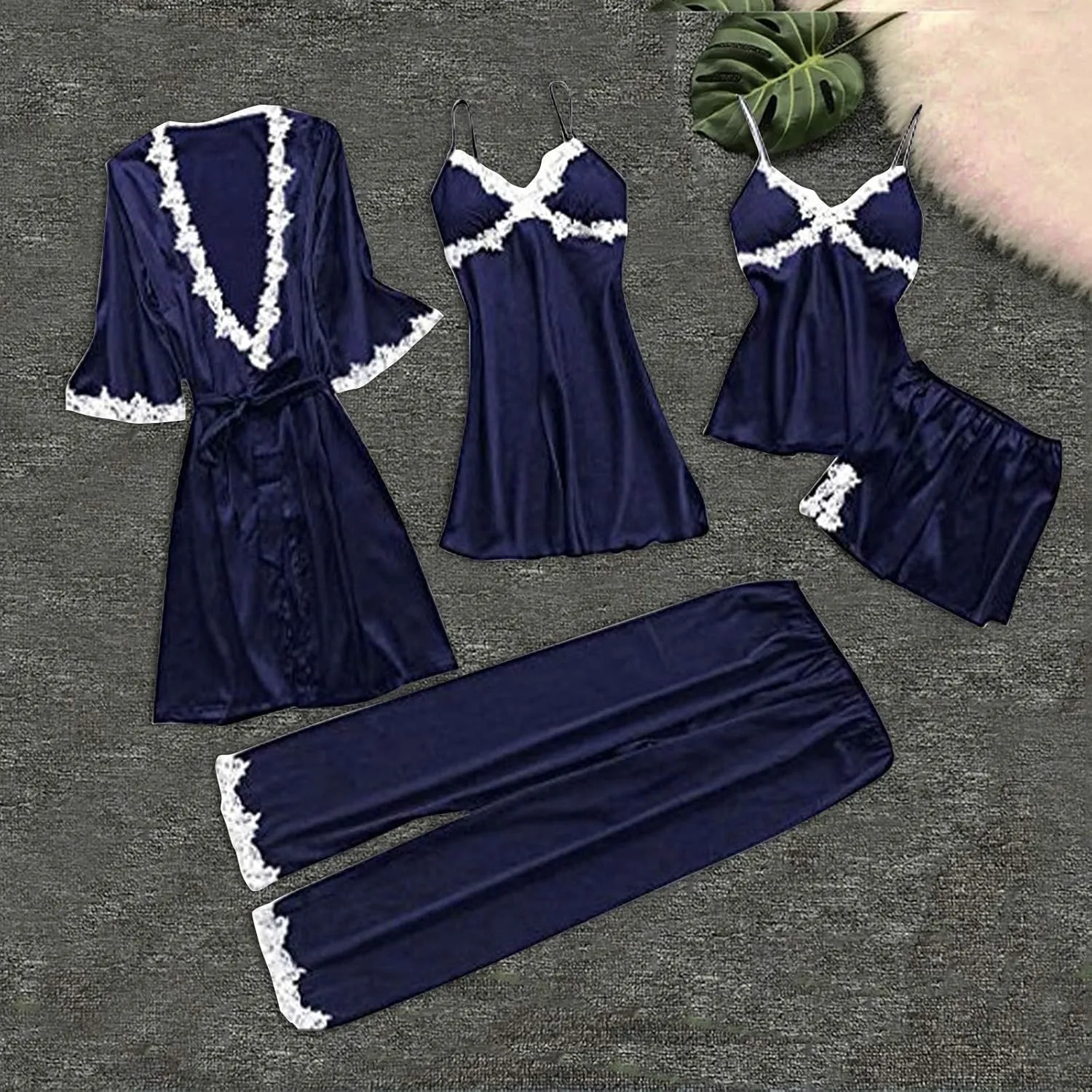 Womens 5Pcs Pajama Sets Lace Trim Robe Nightgown Cami Tops Long Pant & Shorts 5 Piece Lounge Set Sleepwear