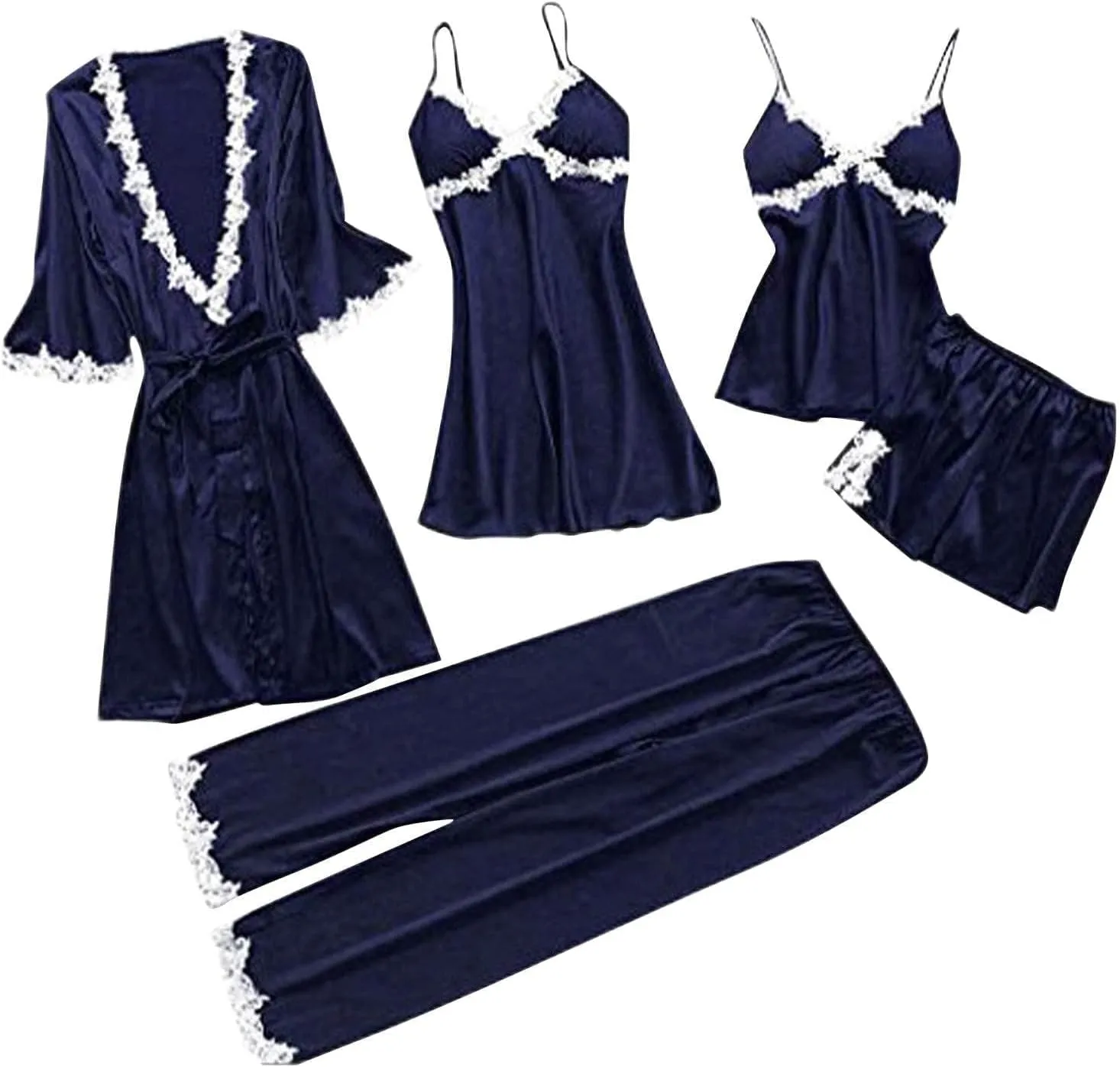 Womens 5Pcs Pajama Sets Lace Trim Robe Nightgown Cami Tops Long Pant & Shorts 5 Piece Lounge Set Sleepwear