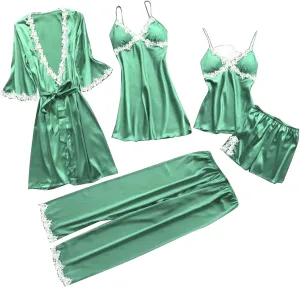 Womens 5Pcs Pajama Sets Lace Trim Robe Nightgown Cami Tops Long Pant & Shorts 5 Piece Lounge Set Sleepwear