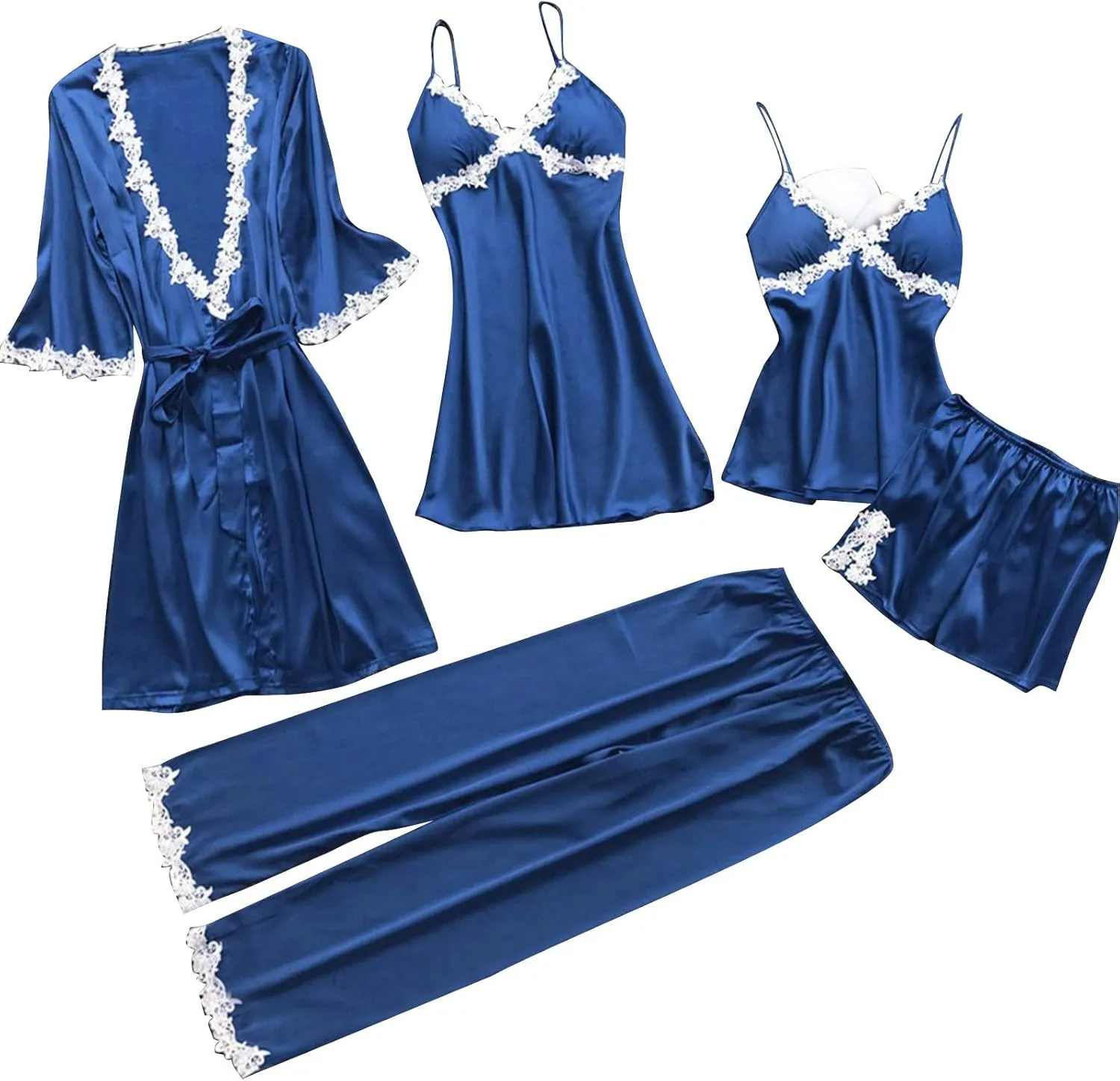 Womens 5Pcs Pajama Sets Lace Trim Robe Nightgown Cami Tops Long Pant & Shorts 5 Piece Lounge Set Sleepwear