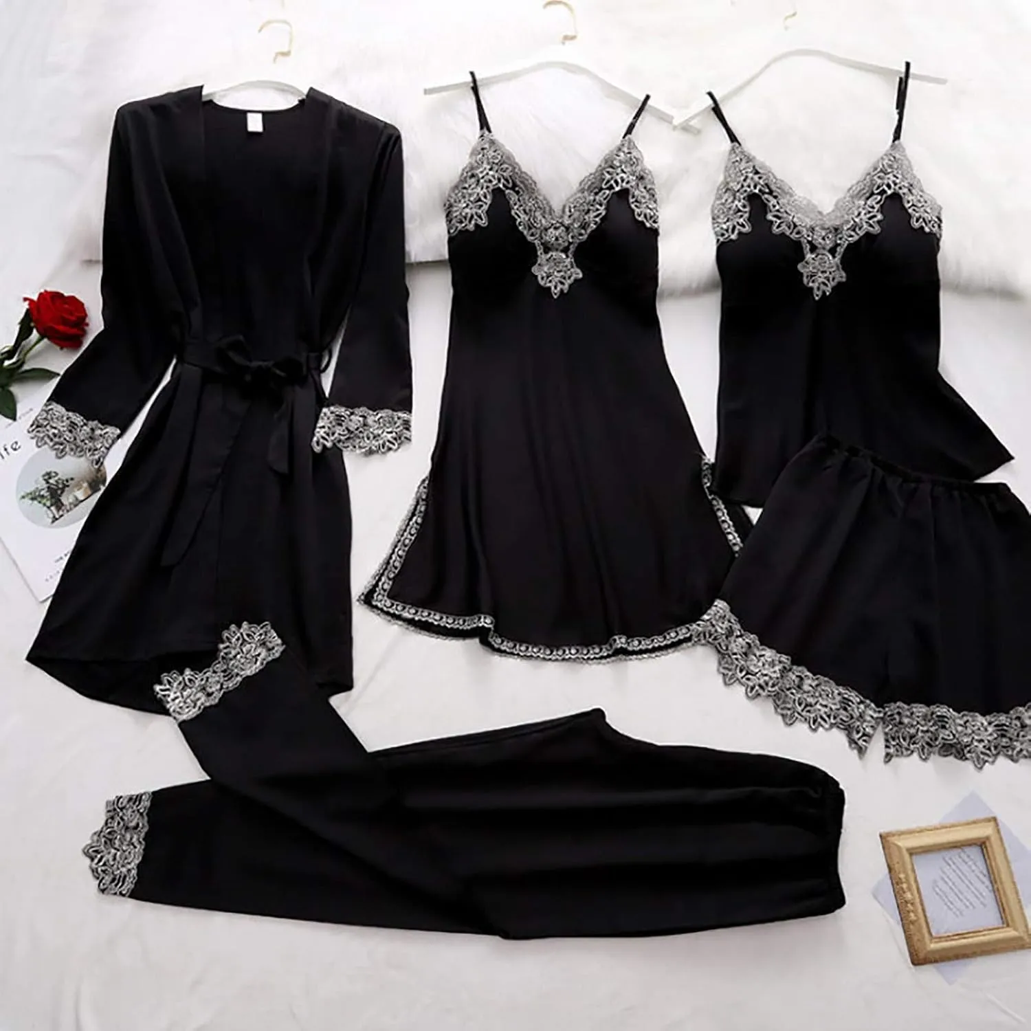 Womens 5Pcs Pajama Sets Lace Trim Robe Nightgown Cami Tops Long Pant & Shorts 5 Piece Lounge Set Sleepwear