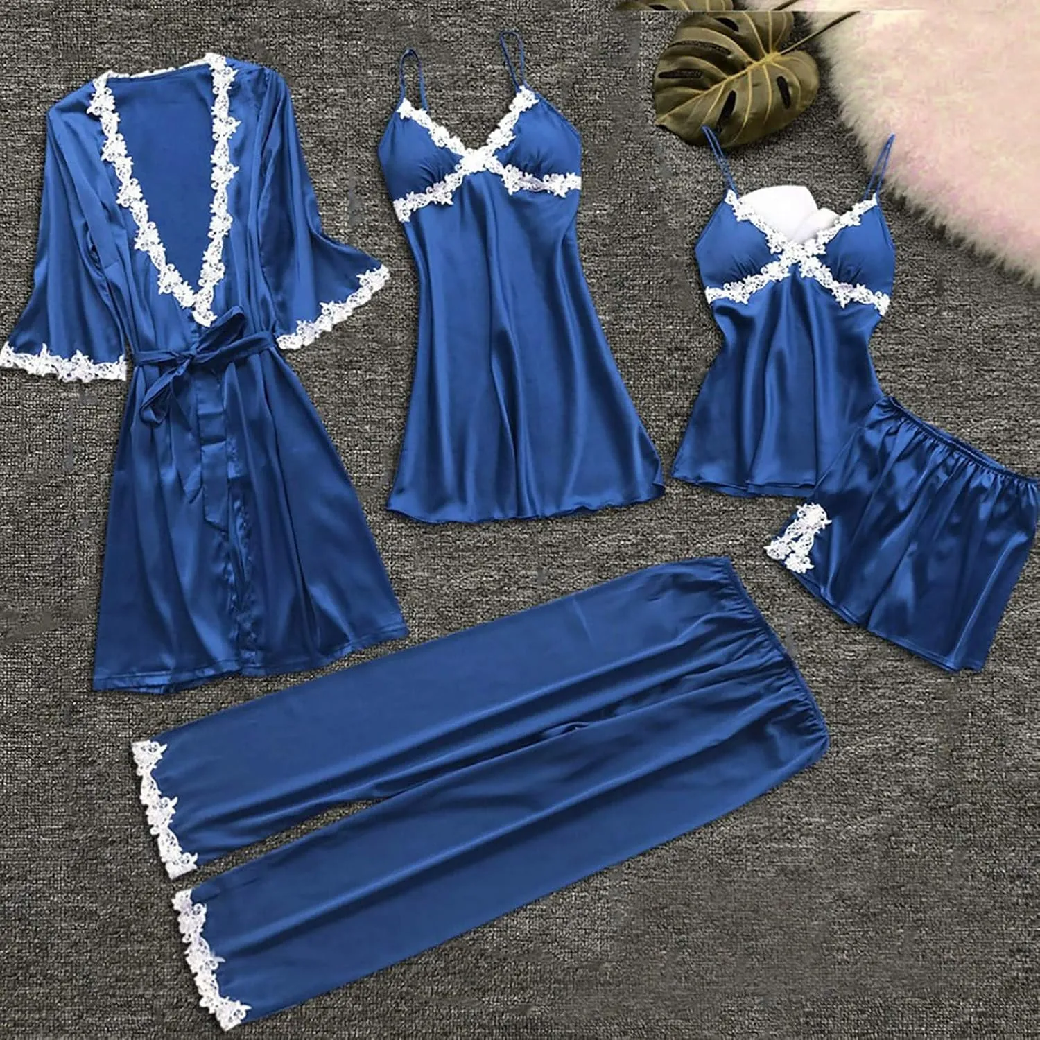 Womens 5Pcs Pajama Sets Lace Trim Robe Nightgown Cami Tops Long Pant & Shorts 5 Piece Lounge Set Sleepwear