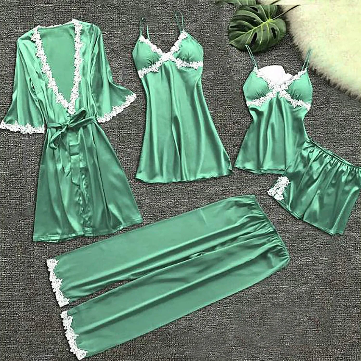 Womens 5Pcs Pajama Sets Lace Trim Robe Nightgown Cami Tops Long Pant & Shorts 5 Piece Lounge Set Sleepwear