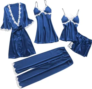 Womens 5Pcs Pajama Sets Lace Trim Robe Nightgown Cami Tops Long Pant & Shorts 5 Piece Lounge Set Sleepwear