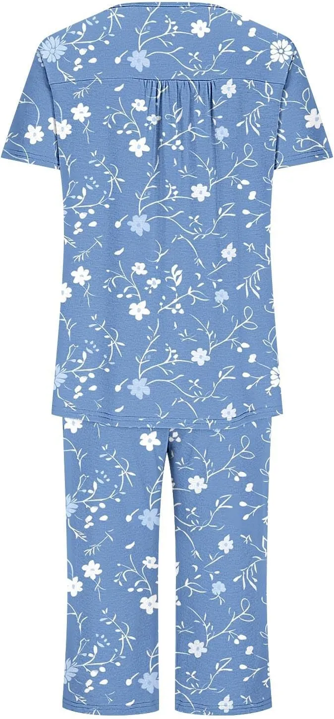 Womens Button Down Pajama Set Short Sleeve Sleepwear Soft Pjs Pleated Floral Nightshirts and Capri Pants Lounge Sets