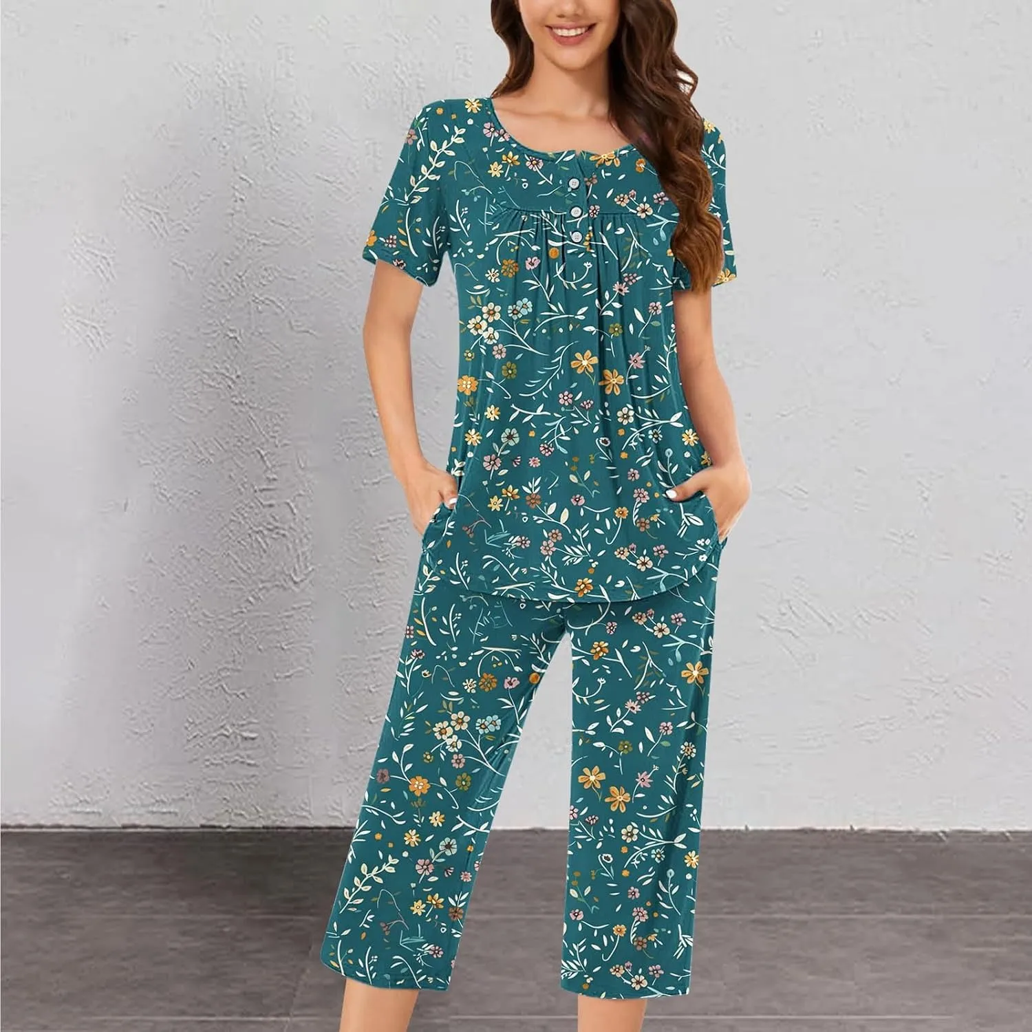 Womens Button Down Pajama Set Short Sleeve Sleepwear Soft Pjs Pleated Floral Nightshirts and Capri Pants Lounge Sets