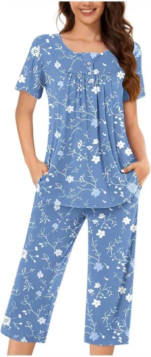Womens Button Down Pajama Set Short Sleeve Sleepwear Soft Pjs Pleated Floral Nightshirts and Capri Pants Lounge Sets