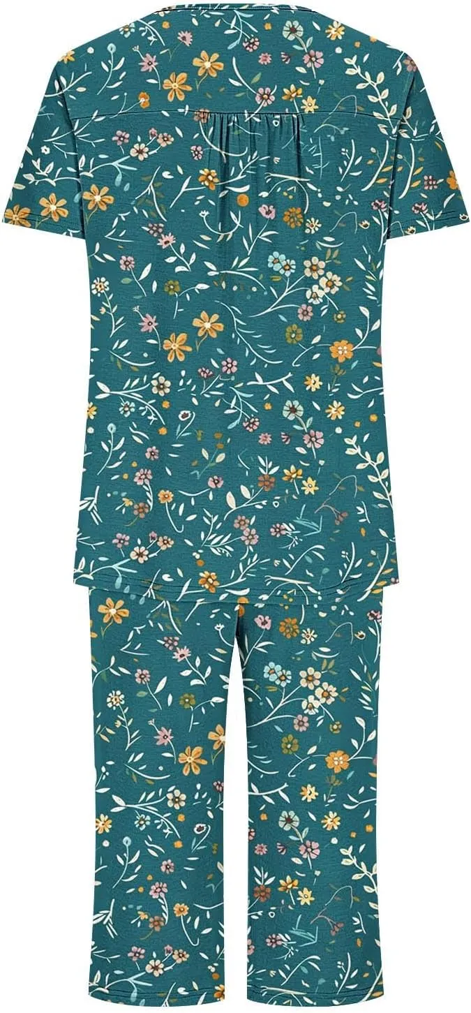 Womens Button Down Pajama Set Short Sleeve Sleepwear Soft Pjs Pleated Floral Nightshirts and Capri Pants Lounge Sets