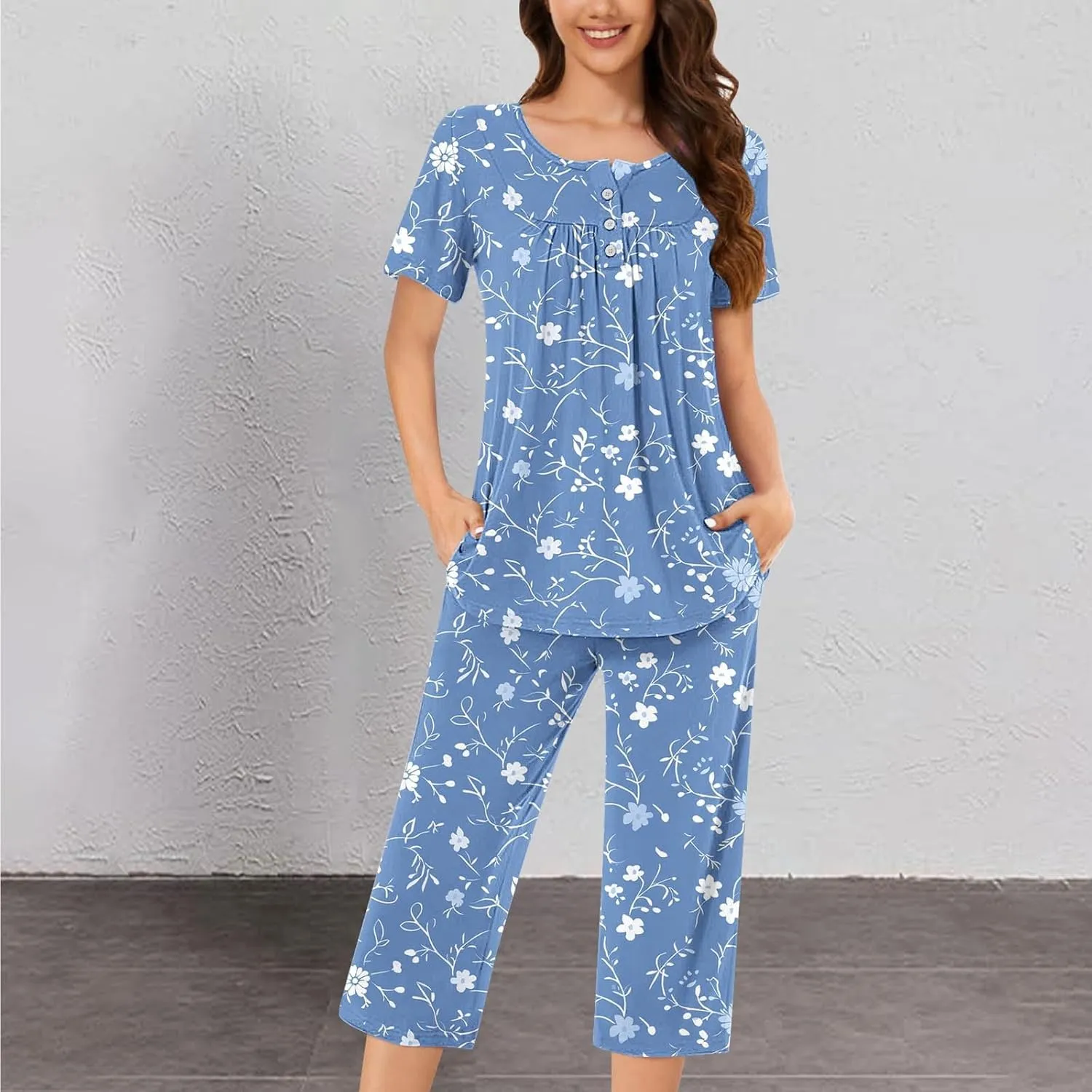 Womens Button Down Pajama Set Short Sleeve Sleepwear Soft Pjs Pleated Floral Nightshirts and Capri Pants Lounge Sets