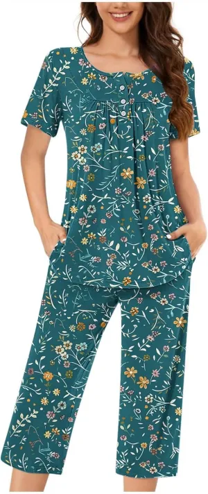 Womens Button Down Pajama Set Short Sleeve Sleepwear Soft Pjs Pleated Floral Nightshirts and Capri Pants Lounge Sets