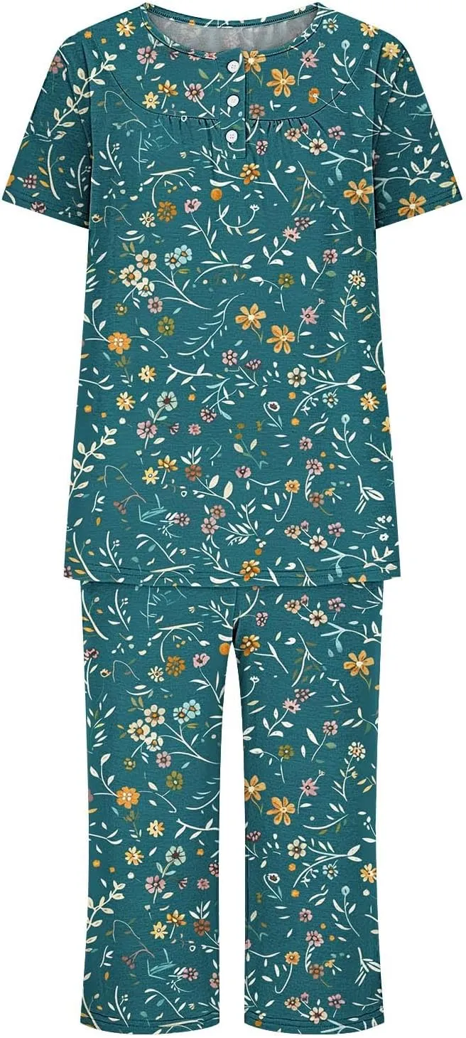 Womens Button Down Pajama Set Short Sleeve Sleepwear Soft Pjs Pleated Floral Nightshirts and Capri Pants Lounge Sets
