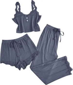 Womens Cami Pajama Sets 3 Piece Lounge Sets Ribbed Knit Crop Top With Shorts and Pants Summer Camisole Lounge Set
