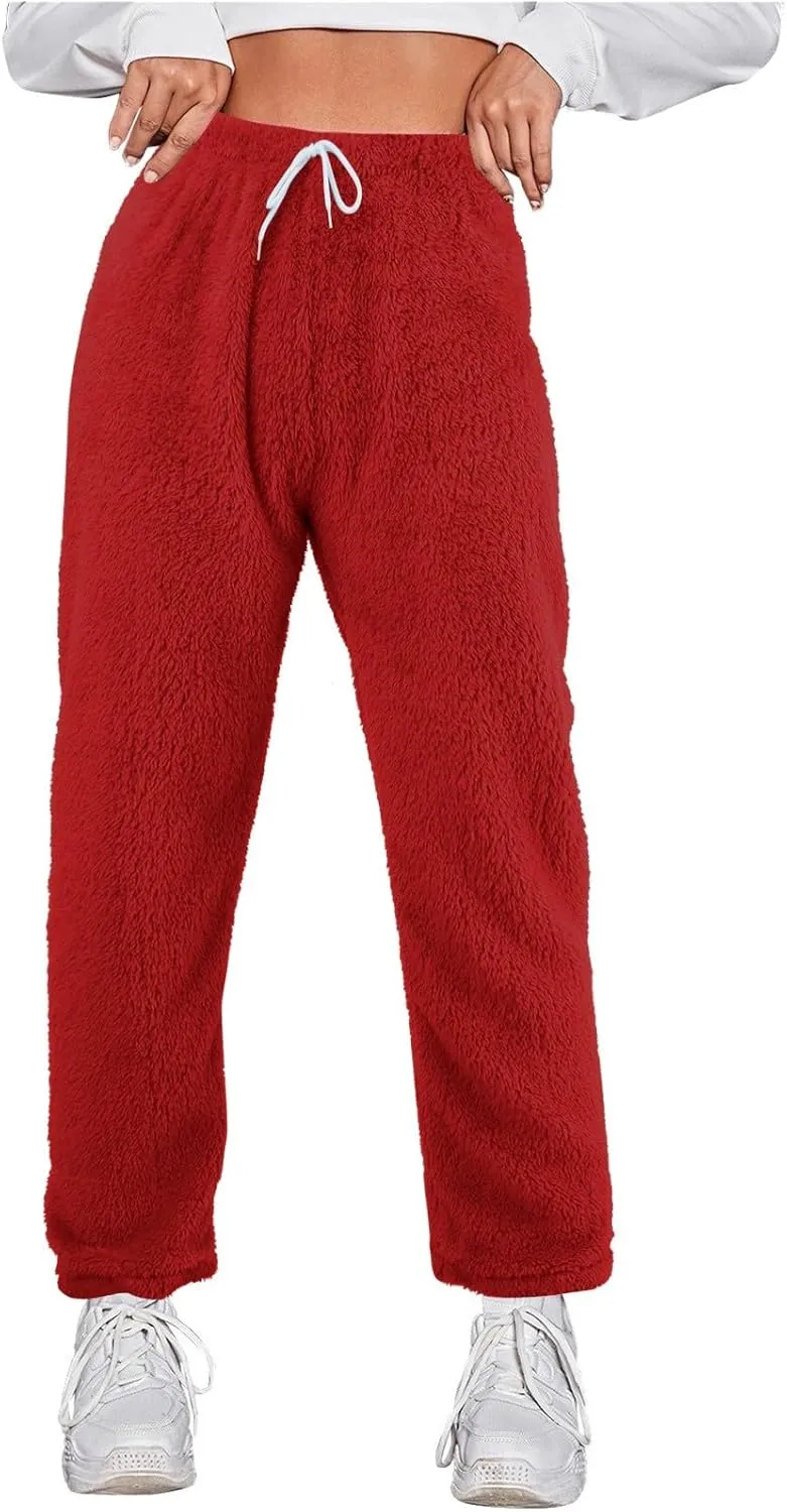 Womens Casual Furry Plush Pajama Pants Baggy Thermal Soft Sweatpants Flannel Home Wear Lounge Trousers