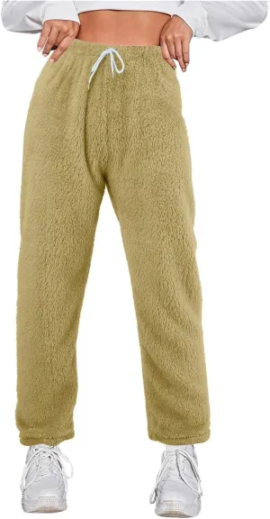 Womens Casual Furry Plush Pajama Pants Baggy Thermal Soft Sweatpants Flannel Home Wear Lounge Trousers