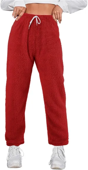 Womens Casual Furry Plush Pajama Pants Baggy Thermal Soft Sweatpants Flannel Home Wear Lounge Trousers