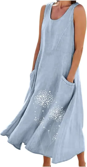 Women's Cotton Linen Dress Folral Printed Sleeveless Round Neck Long Dress Casual Loose Beach Tank Sundress