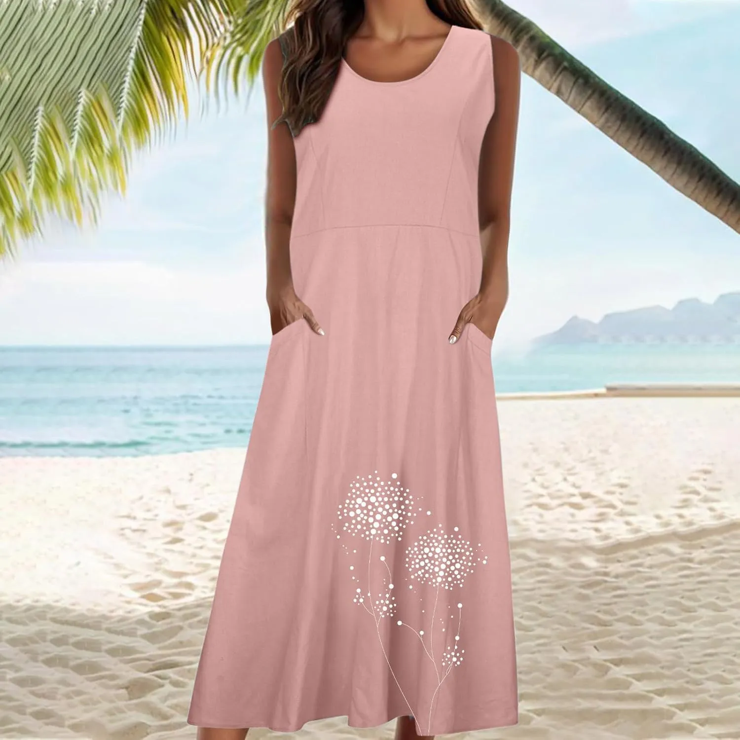 Women's Cotton Linen Dress Folral Printed Sleeveless Round Neck Long Dress Casual Loose Beach Tank Sundress
