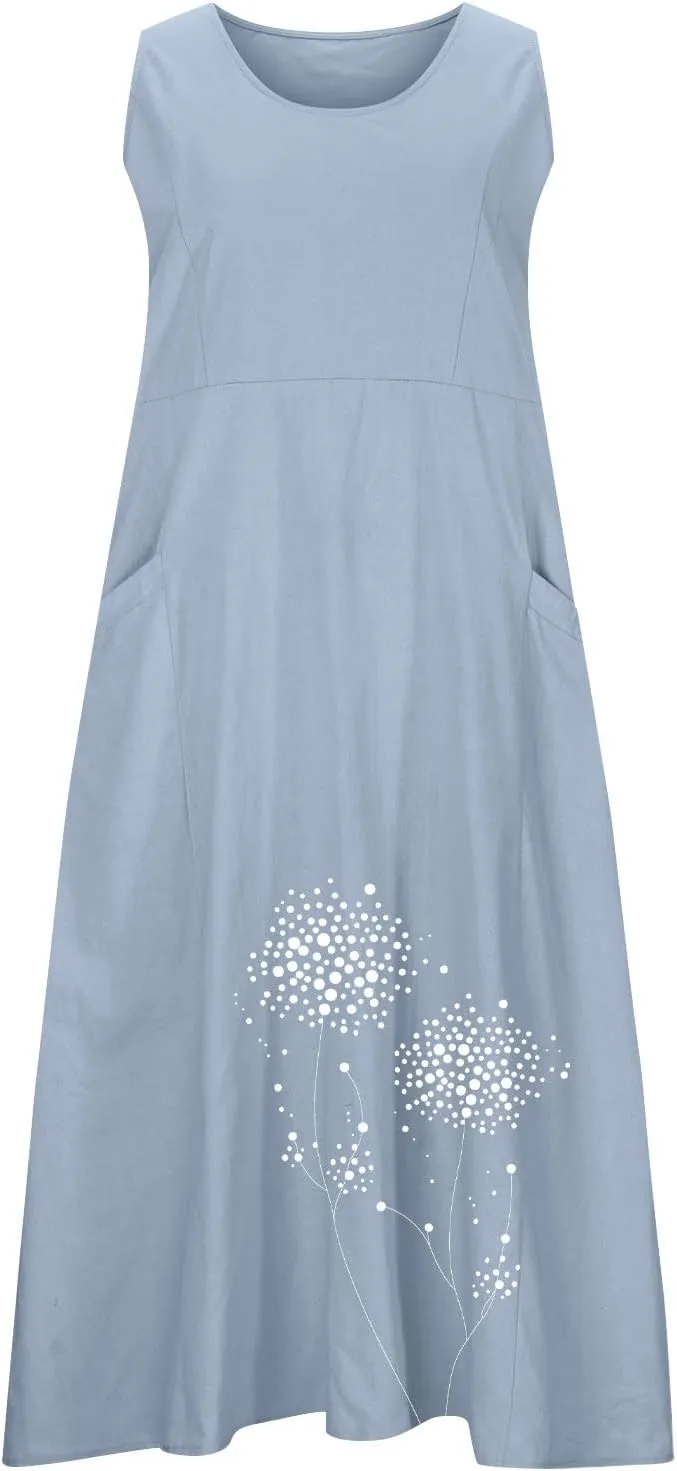 Women's Cotton Linen Dress Folral Printed Sleeveless Round Neck Long Dress Casual Loose Beach Tank Sundress
