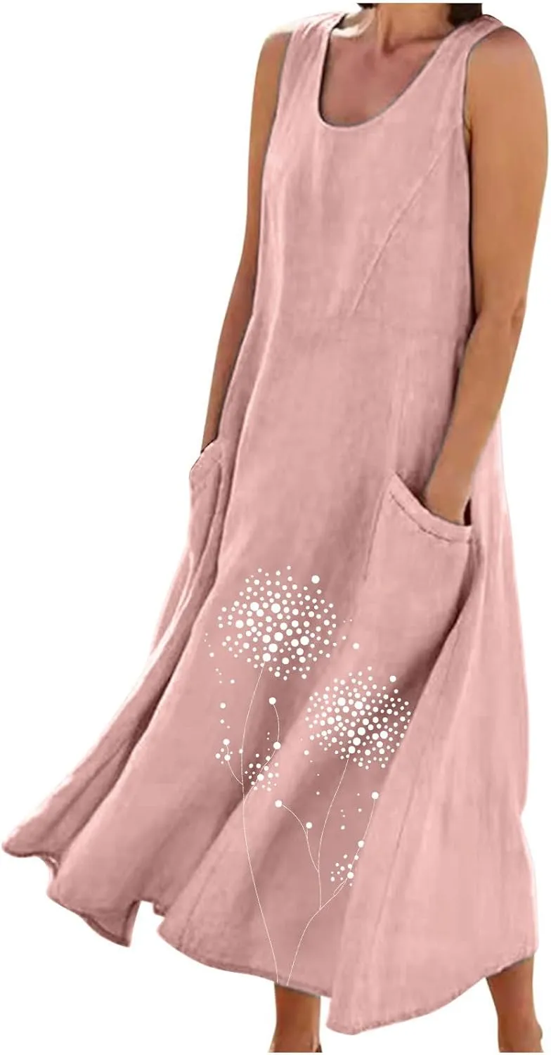 Women's Cotton Linen Dress Folral Printed Sleeveless Round Neck Long Dress Casual Loose Beach Tank Sundress